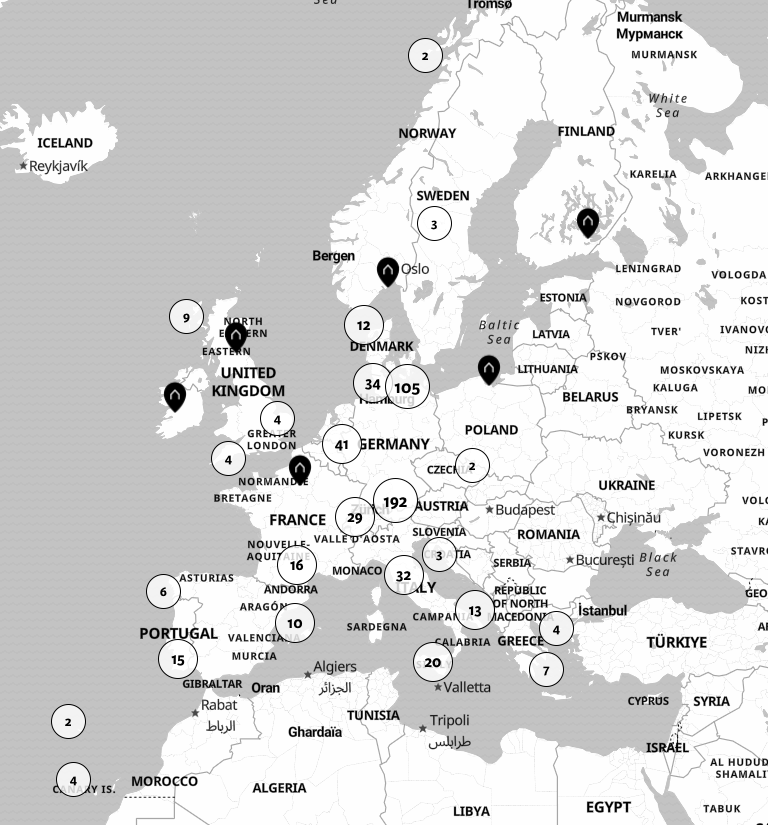 Eine Europa-Karte zeigt alle Angebote im Überblick.