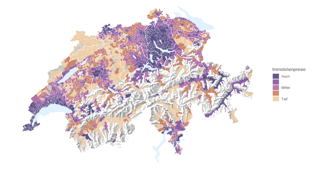 Durchschnittliche Immobilienpreise in Schweizer Gemeinden 2021; Quelle: Eigene Berechnungen auf Basis von Daten der IAZI AG. Es werden Durchschnittswerte pro Gemeinde abgebildet, wobei diese Werte eigenschaftsbereinigt sind und somit den Preis- /Mietunterschied für identische Objekte abbilden.