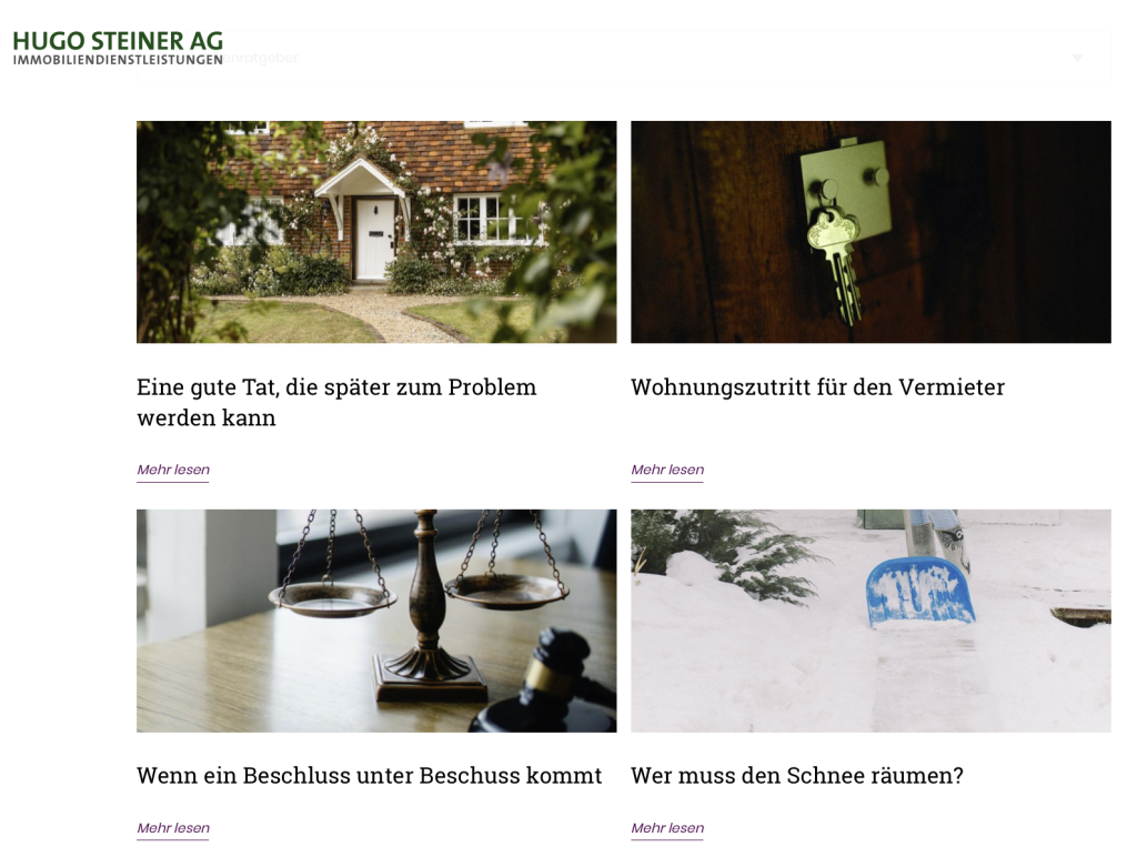Auf der Webseite der Hugo Steiner AG erscheinen regelmässig die neuesten Beitrage vom Immobilienratgeber.
